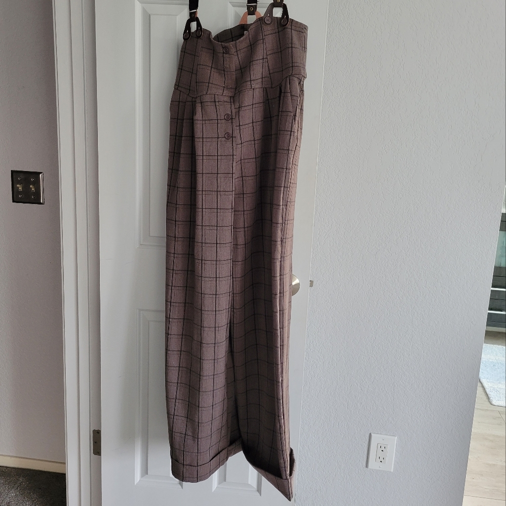 Unique Vintage Brown Windowpane Thelma Suspender Pants